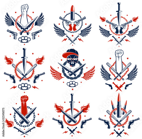 Anarchy and Chaos aggressive emblem or logo with strong clenched fist, aggressive skull, bullets and guns, weapons and different design elements , vector tattoo, rebel and revolutionary.