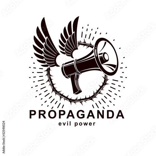 Vector winged logo composed with loudspeaker equipment surrounded by thorn of crowns. Public relations concept, propaganda as a powerful weapon of influence on social behavior.