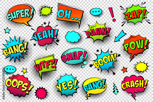 Comic colored speech bubbles with halftone shadow and text phrase. Sound expression of emotion. Hand drawn retro cartoon stickers. Pop art style. Vector illustration.