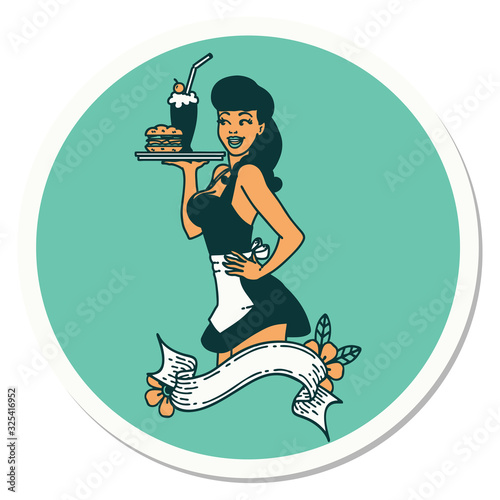 tattoo style sticker of a pinup waitress girl with banner photo