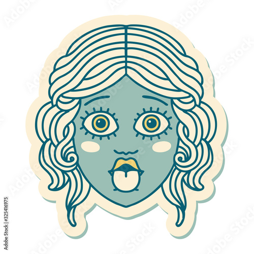 tattoo style sticker of female face sticking out tongue