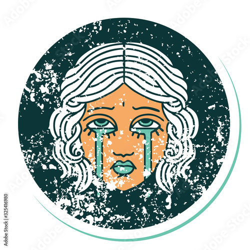 distressed sticker tattoo style icon of female face crying
