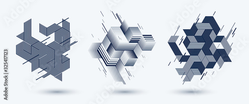 Abstract polygonal backgrounds with stripy triangles and 3D cubes vector designs set. Templates for different advertising or covers or banners. Retro style graphic elements.