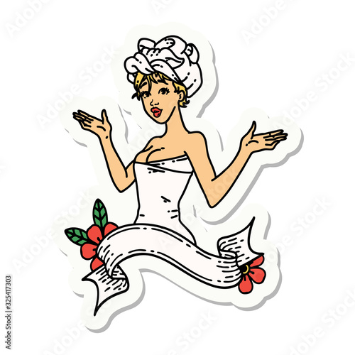 tattoo style sticker of a pinup girl in towel with banner