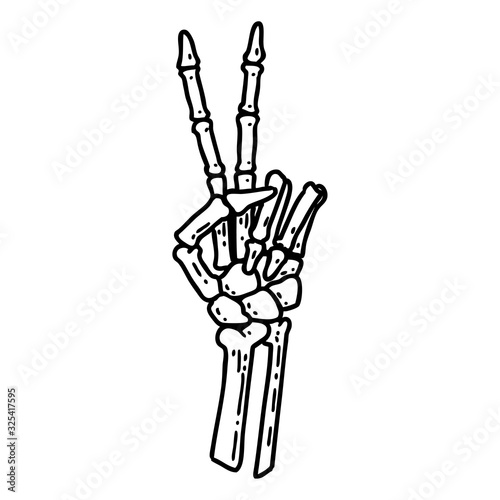black line tattoo of a skeleton hand giving a peace sign