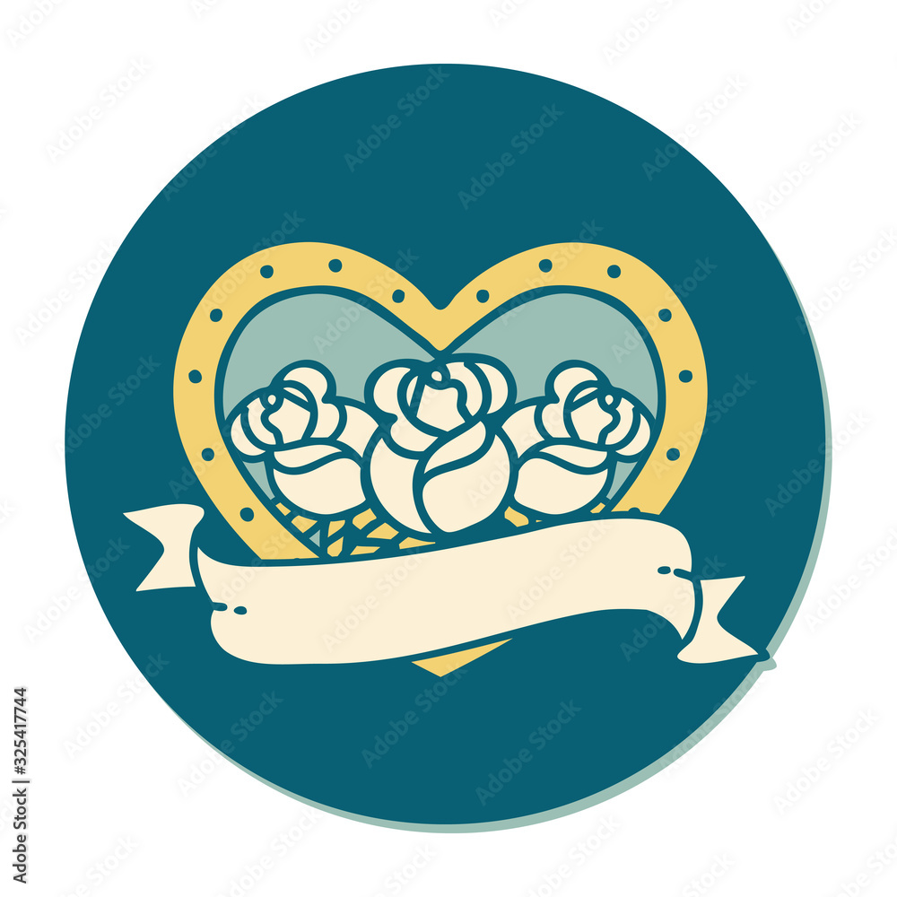 tattoo style sticker of a heart and banner with flowers tattoo style sticker of a heart and banner with flowers