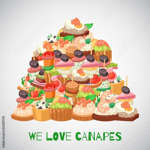 We love canapes, tapas on plate, appetizer dish with caviar, olives and green vegetables heap cartoon vector illustration. Buffet, restaurant love canape pre food and snack poster.
