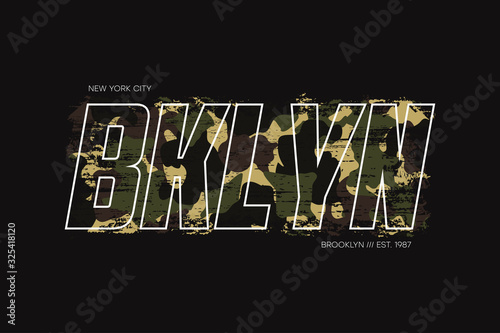 New York, Brooklyn t-shirt design with with camouflage texture and slogan - Bklyn. Typography graphics for apparel design with camo in military army style. Vector illustration.