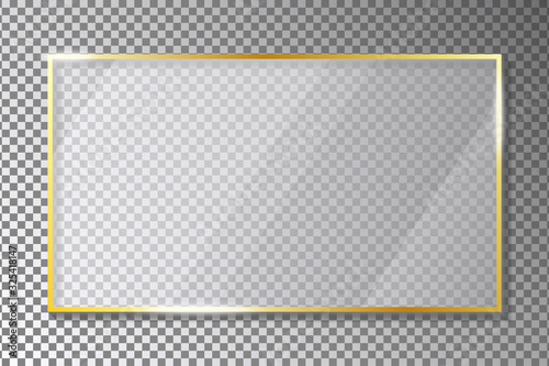 Glass plate in golden frame on transparent background with shadow. Gold rectangle border with acrylic or plexiglass plates with gleams and light reflections. Vector illustration.