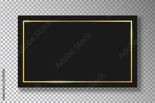 Golden frame on black plate isolated on transparent background with shadow. Gold border with glow shine on black rectangle. Vector illustration.