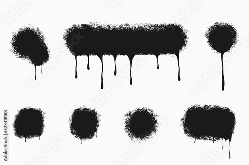 Spray painted dots and lines set. Paint splatter grunge elements. Black ink spots with dripping. Graffiti and street art sprayed print. Vandalism splat blots. Vector illustration.
