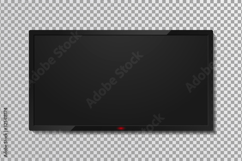 Realistic TV screen template with empty black display. LCD or LED tv panel, 4k television screen on transparent background with shadow. Graphic mock up for banner, web and adversting posters. Vector.