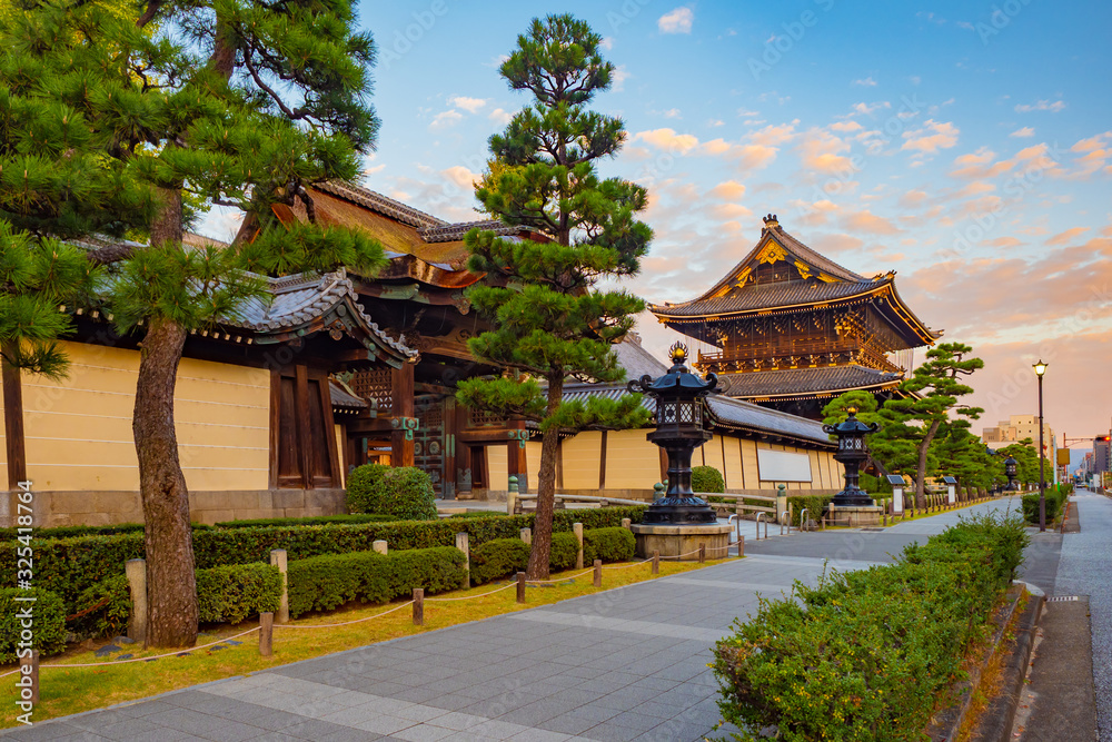 Japan. Kyoto. Higashi-Honganji Temple. Beige-brown temple complex in Kyoto. Temples Of Japan. Iconic buildings in Kyoto. Travelling to Japan. The street next to Higashi-Honganji Church.
