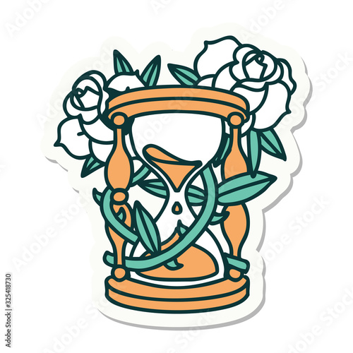 tattoo style sticker of an hour glass and flowers