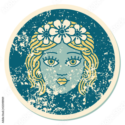 distressed sticker tattoo style icon of female face with crown of flowers