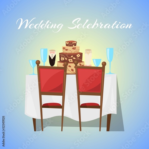 Wedding celebration in restaurant banner with ceremony and gala reception vector illustration. Wedding ceremony for newly weds married couples restaurant banner.
