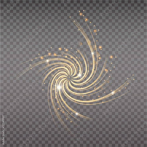 Golden tornado, swirling storm cone of stardust sparkles on transparent background. Golden spiral with light effect. Magical stardust tornado, light hurricane.