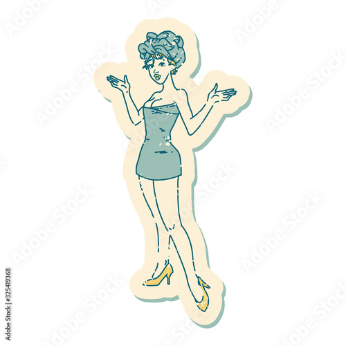 distressed sticker tattoo style icon of a pinup girl in towels