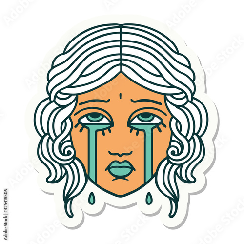 tattoo style sticker of female face crying