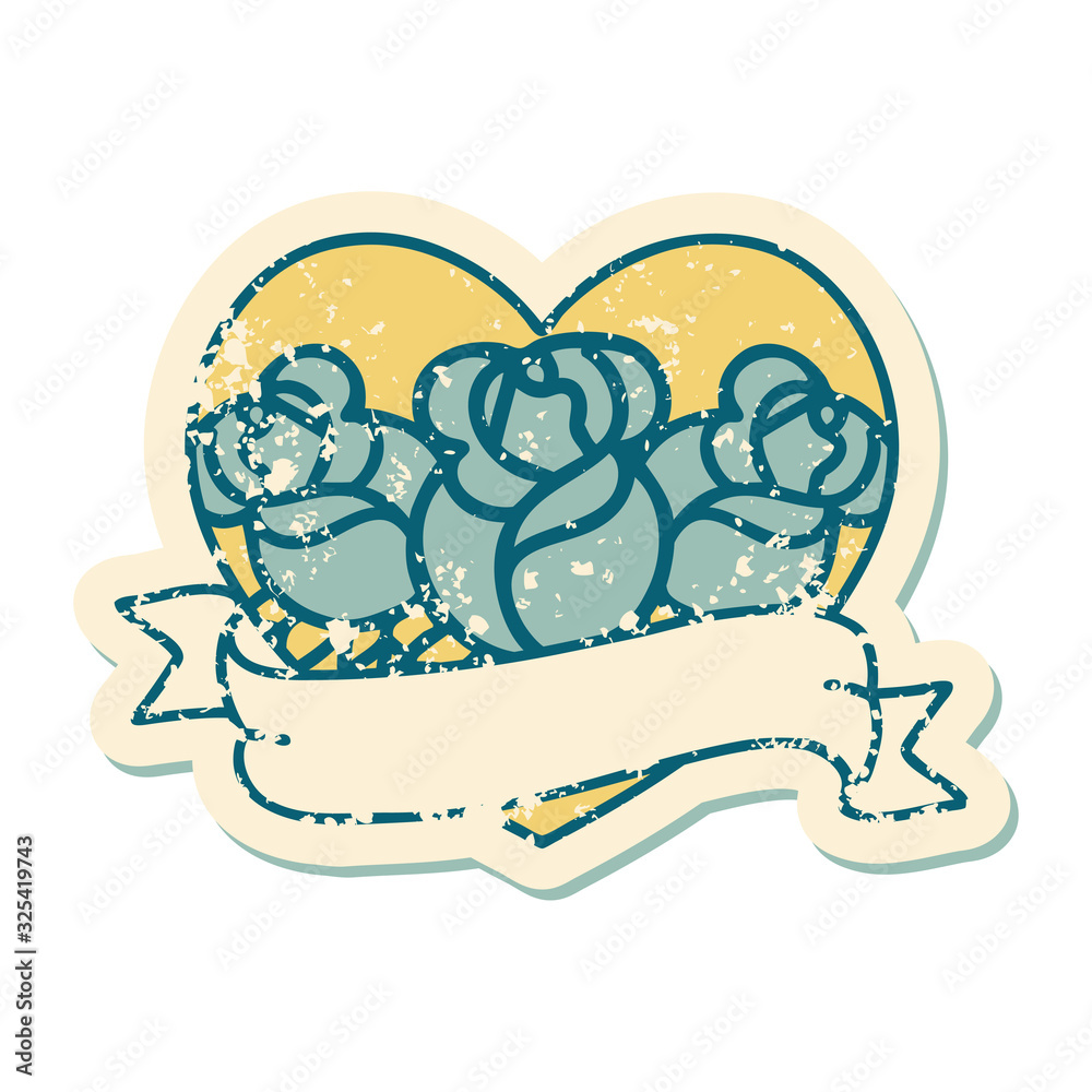 distressed sticker tattoo style icon of a heart and banner with flowers distressed sticker tattoo style icon of a heart and banner with flowers