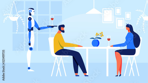 Robotic Systems and Restaurant Service or Domestic Servant Advertising. Robot Waiter Serving Table Cyborg Garcon Holding Tray with Glass Wine in Catering Place Vector Flat Design Illustration.