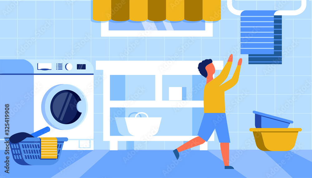 Boy Taking Towel from Hanger Cartoon Flat Vector Illustration. Washing Machine and Bowl with Laundry. Bathroom Interior in Apartment. Soap Powder on Shelf. Child Washing Hands. Furniture. Boy Taking Towel from Hanger Cartoon Flat Vector Illustration. Washing Machine and Bowl with Laundry. Bathroom Interior in Apartment. Soap Powder on Shelf. Child Washing Hands. Furniture.