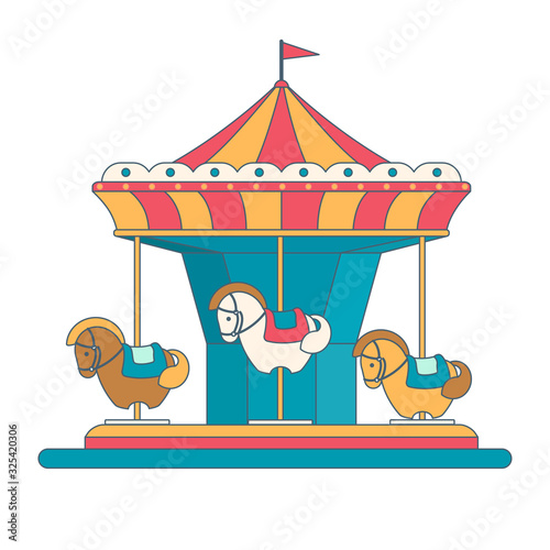Merry-go-round. Carousel with horses. Amusement park design element. Flat vector illustration