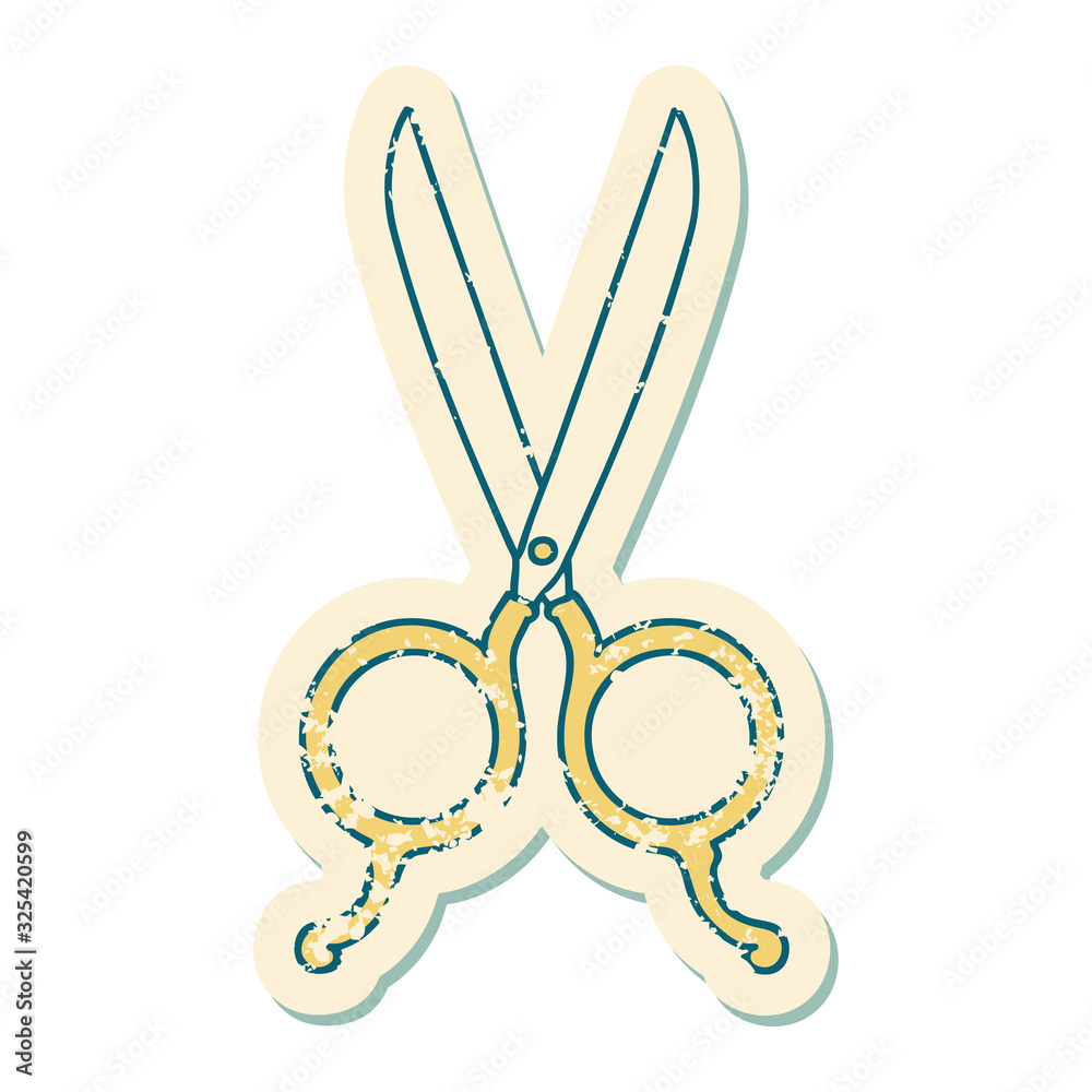 distressed sticker tattoo style icon of barber scissors
