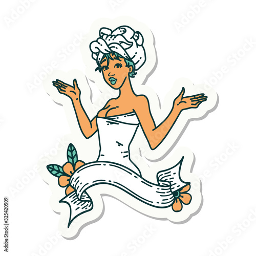 tattoo sticker of a pinup girl in towel with banner