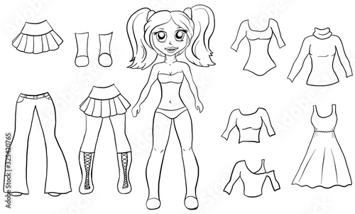 Vector girl with clothes. Coloring for children. Paper cartoon toys for children