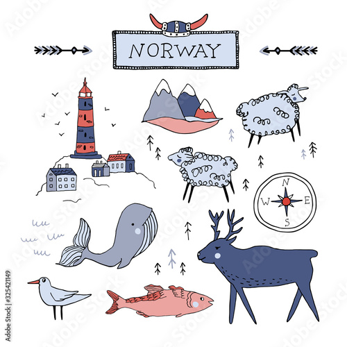 Norway nature elements set. Hand drawn vector illustration of Nordic symbols in doodle style. Lighthouse, whale, viking helmet, deer, fjord, sheep, fish, gull. Travel Scandinavia concept