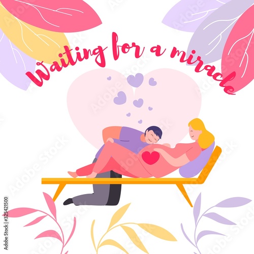 Happy Couple Waiting for Miracle of Newborn Baby. Young Father Stand on Knees Put Head on Pregnant Belly of Womans Lying on Couch. Childbirth, Loving Relations Cartoon Flat Vector Illustration, Banner