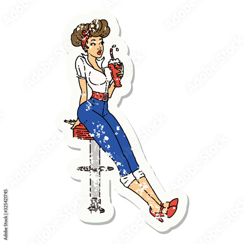 distressed sticker tattoo of a pinup girl drinking a milkshake