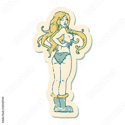 distressed sticker tattoo style icon of a pinup viking girl