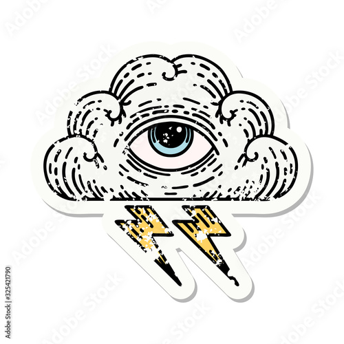 traditional distressed sticker tattoo of an all seeing eye cloud