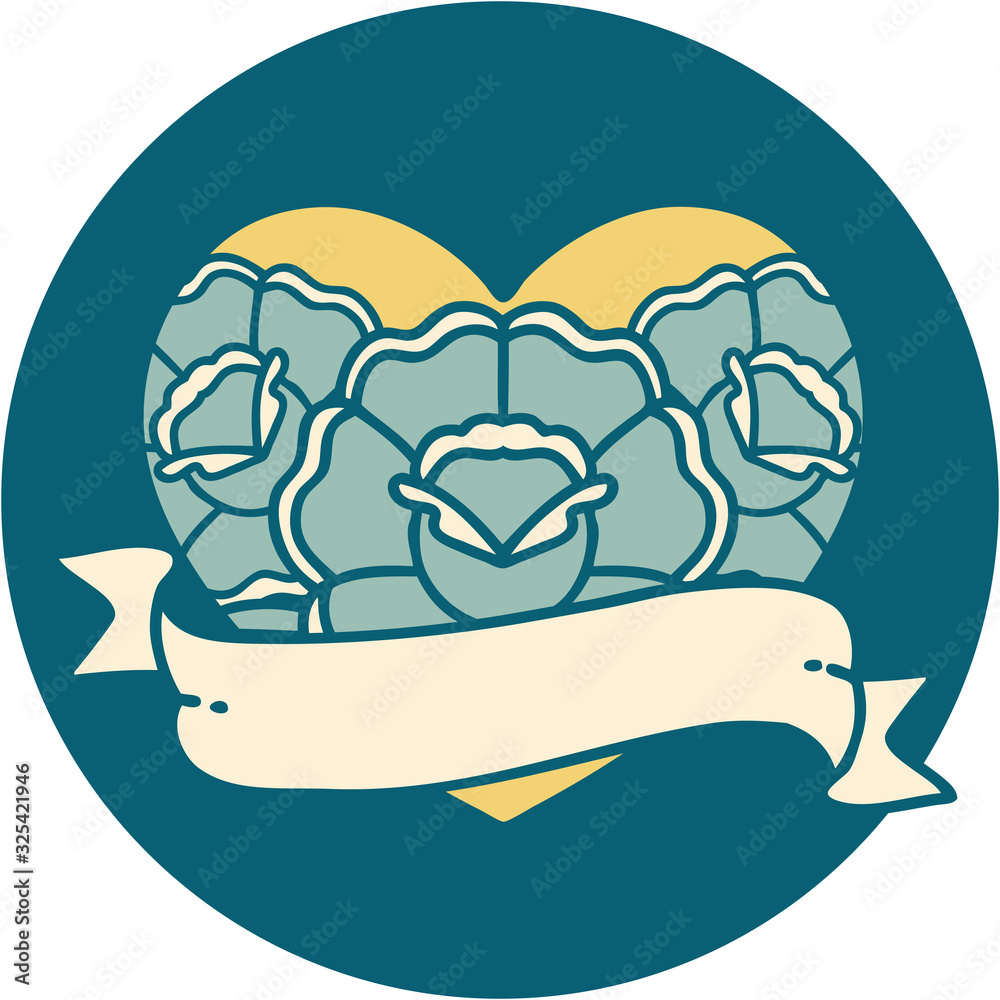 tattoo style icon of a heart and banner with flowers