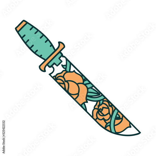 tattoo style icon of a dagger and flowers