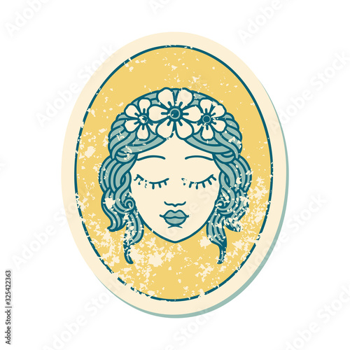 distressed sticker tattoo style icon of a maiden with eyes closed