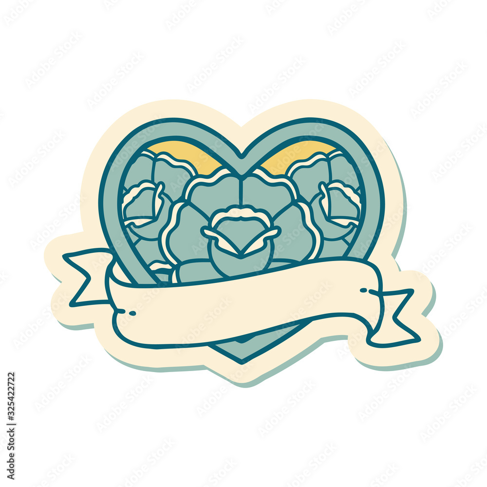 tattoo style sticker of a heart and banner with flowers tattoo style sticker of a heart and banner with flowers