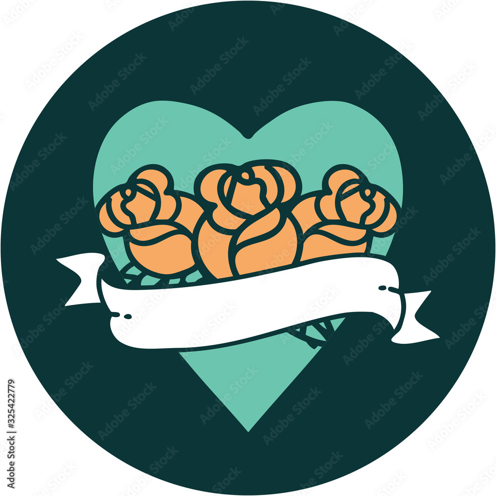 tattoo style icon of a heart and banner with flowers tattoo style icon of a heart and banner with flowers