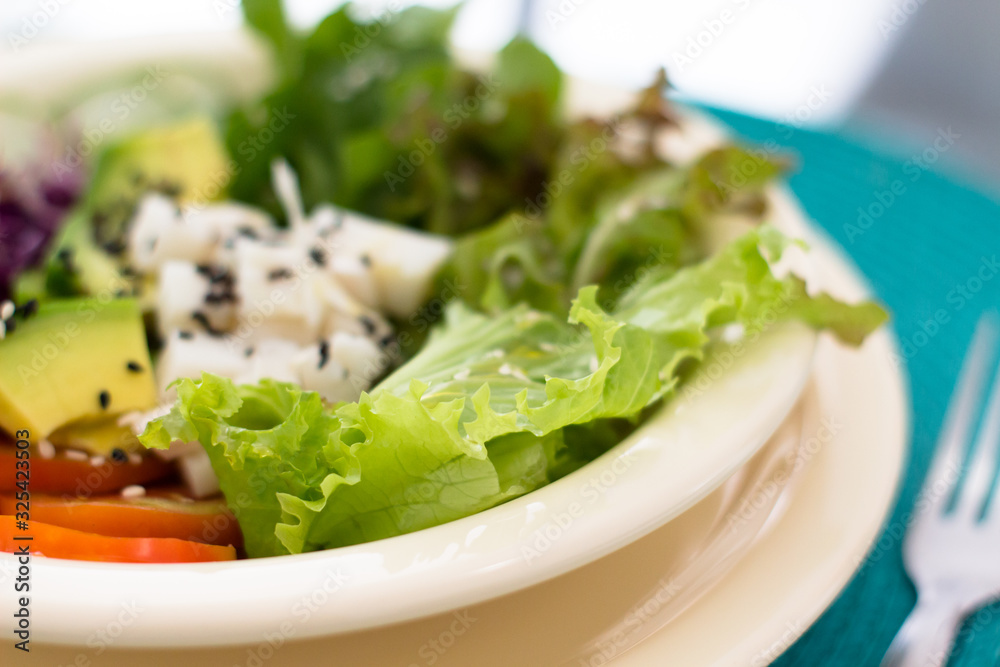 Prato de salada com alface abacate agrião repolho roxo tomate pimentão vermelho pepino e palmito Prato de salada com alface abacate agrião repolho roxo tomate pimentão vermelho pepino e palmito