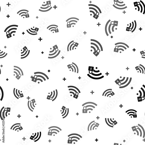 Black Wifi locked icon isolated seamless pattern on white background. Password Wi-fi symbol. Wireless Network icon. Wifi zone. Vector Illustration