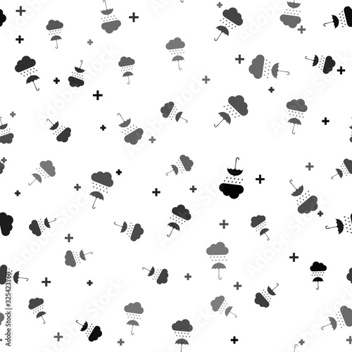 Black Cloud with rain drop on umbrella icon isolated seamless pattern on white background. Vector Illustration © mingirov