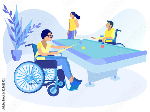 Disabled Snooker People Playing Billiards Cartoon. Play Pool. Sport Player with Physical Disorders in Wheelchairs. Rehabilitation and Entertainments for Handicapped Patients. Vector Flat Illustration