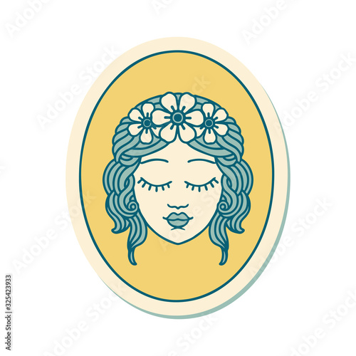 tattoo style sticker of a maiden with eyes closed