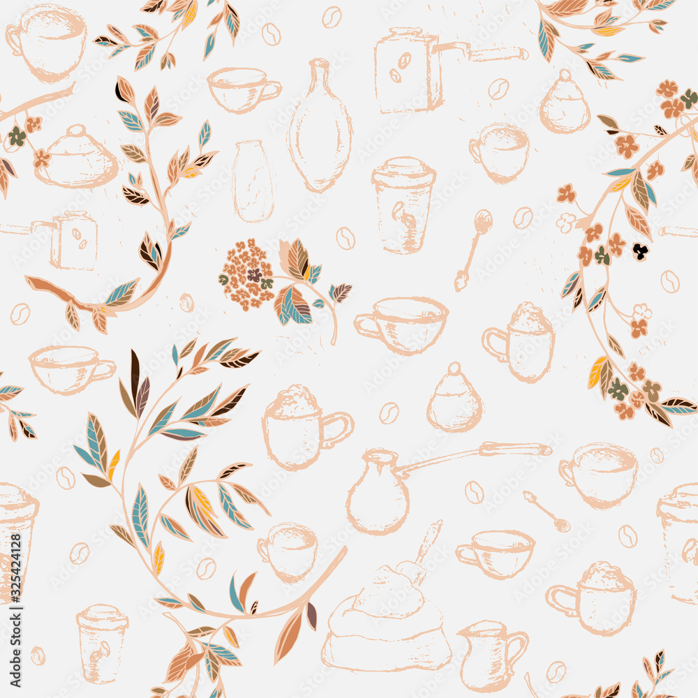 Pencil drawing of coffee elements, mugs, coffee grinder, spoons, turk for making coffee framed by flower branches. Vector illustration.