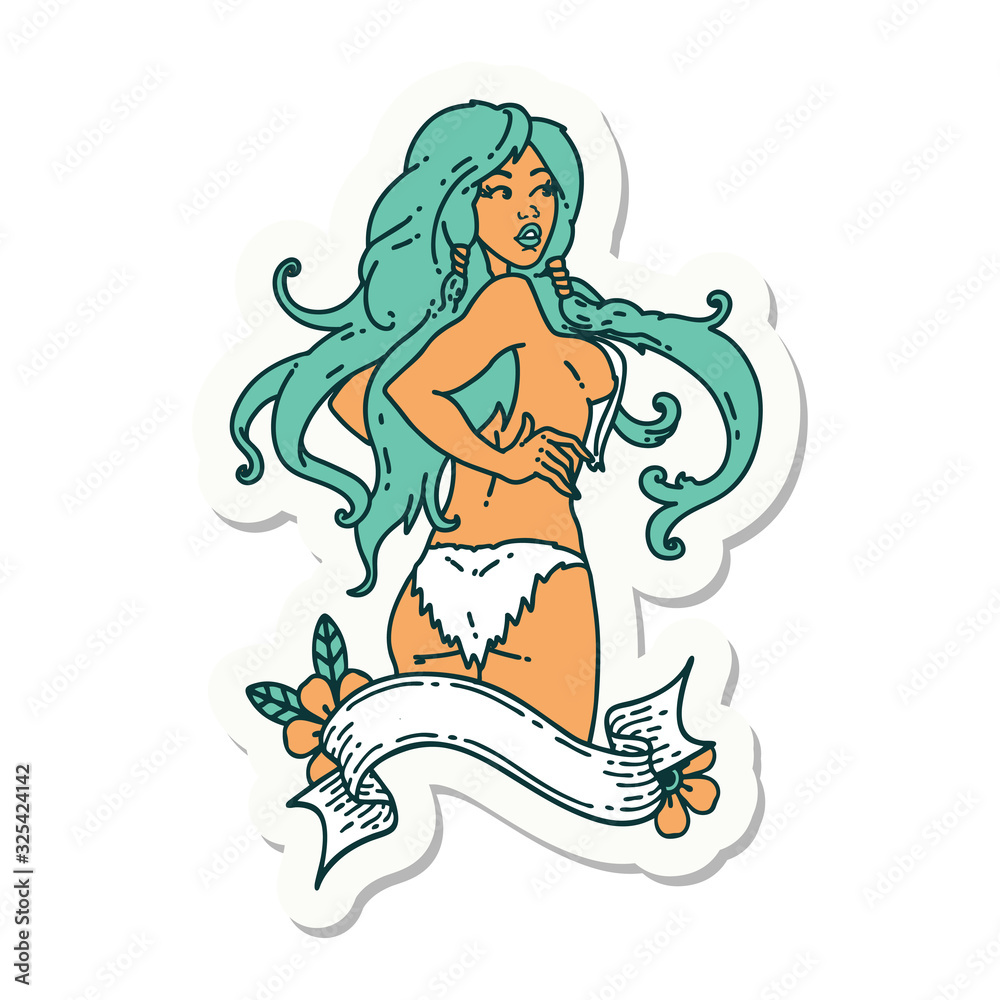 tattoo sticker of a pinup viking girl with banner tattoo sticker of a pinup viking girl with banner