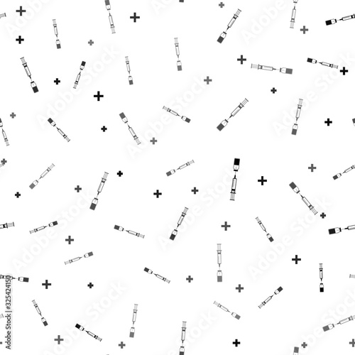 Black Medical syringe with needle and vial or ampoule icon isolated seamless pattern on white background. Vaccination, injection, vaccine, insulin concept. Vector Illustration