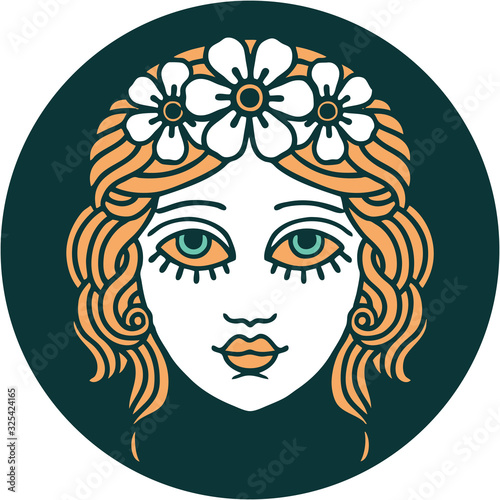 tattoo style icon of female face with crown of flowers