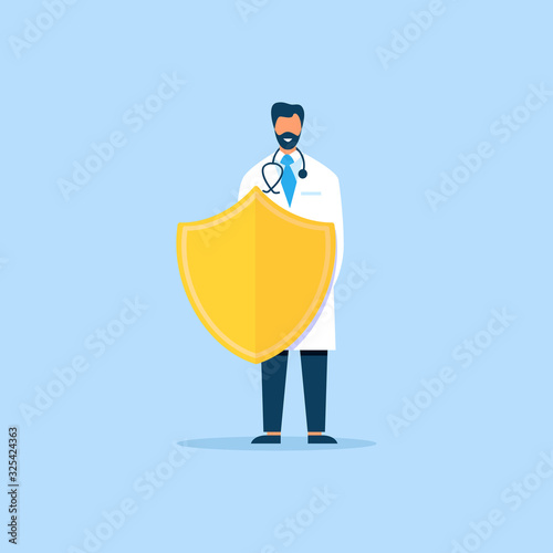 Doctor in Uniform with Stethoscope on Shoulders Holding Shield Standing Isolated on Blue Copy Space. Vaccination Program for Disease Prevention Idea. Medical Health Cartoon. Flat Vector Illustration